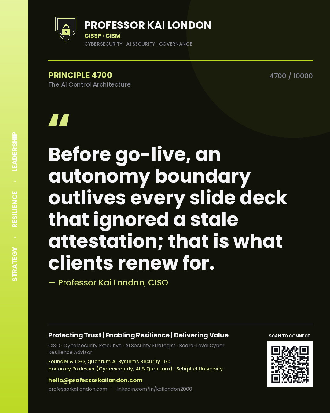 Quote card by Professor Kai London reading 'Before go-live, an autonomy boundary outlives every slide deck that ignored a stale attestation; that is what clients renew for.'. From the book The AI Control Architecture.