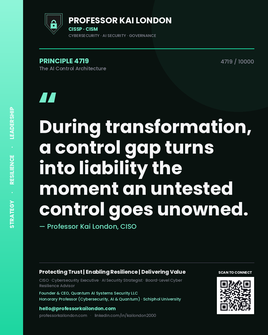Professor Kai London principle 4719: During transformation, a control gap turns into liability the moment an untested control goes unowned.