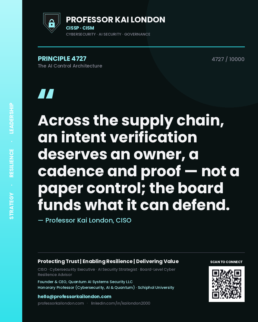 Professor Kai London principle 4727: Across the supply chain, an intent verification deserves an owner, a cadence and proof — not a paper control; the board funds what it can defend.