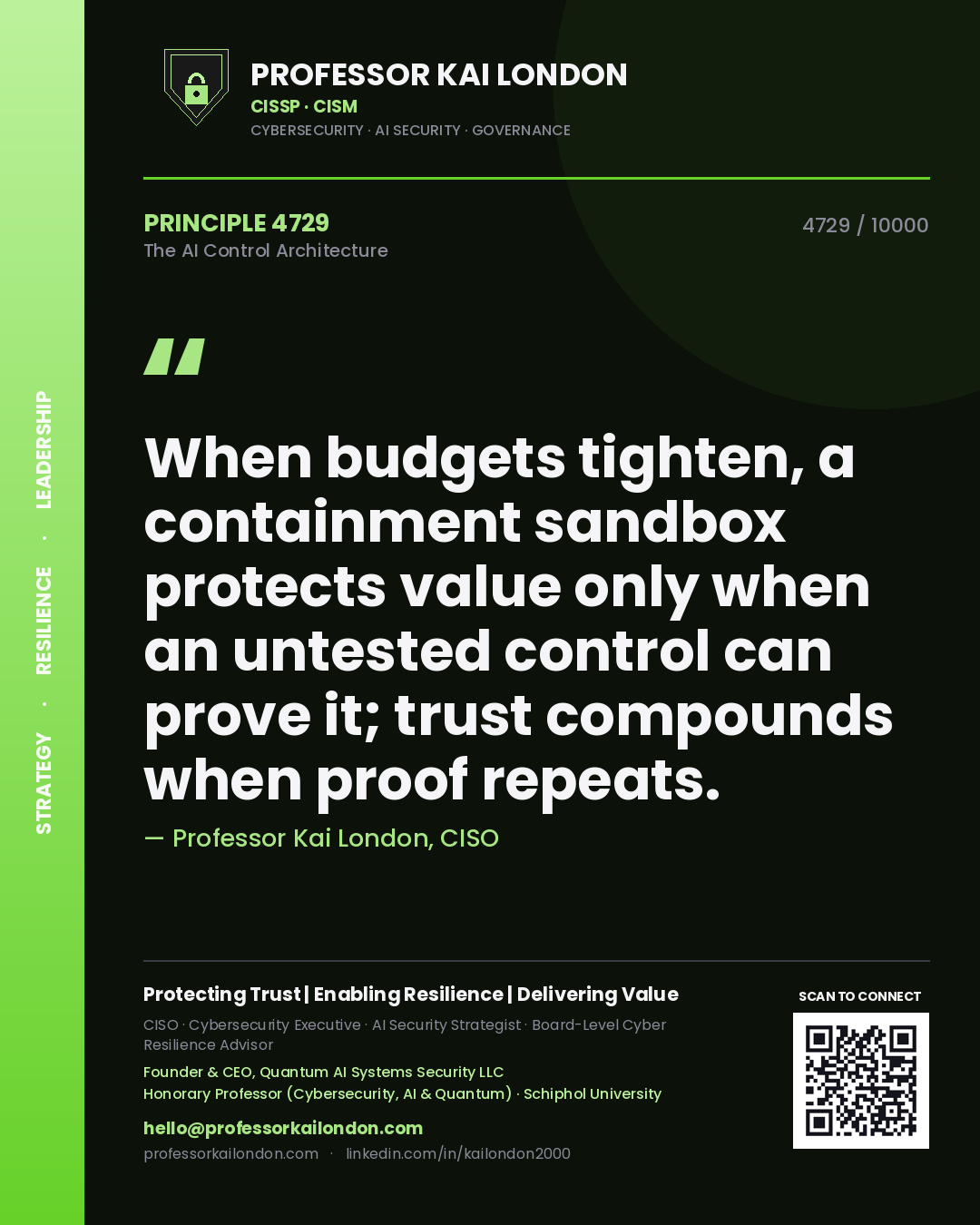 Professor Kai London principle 4729: When budgets tighten, a containment sandbox protects value only when an untested control can prove it; trust compounds when proof repeats.