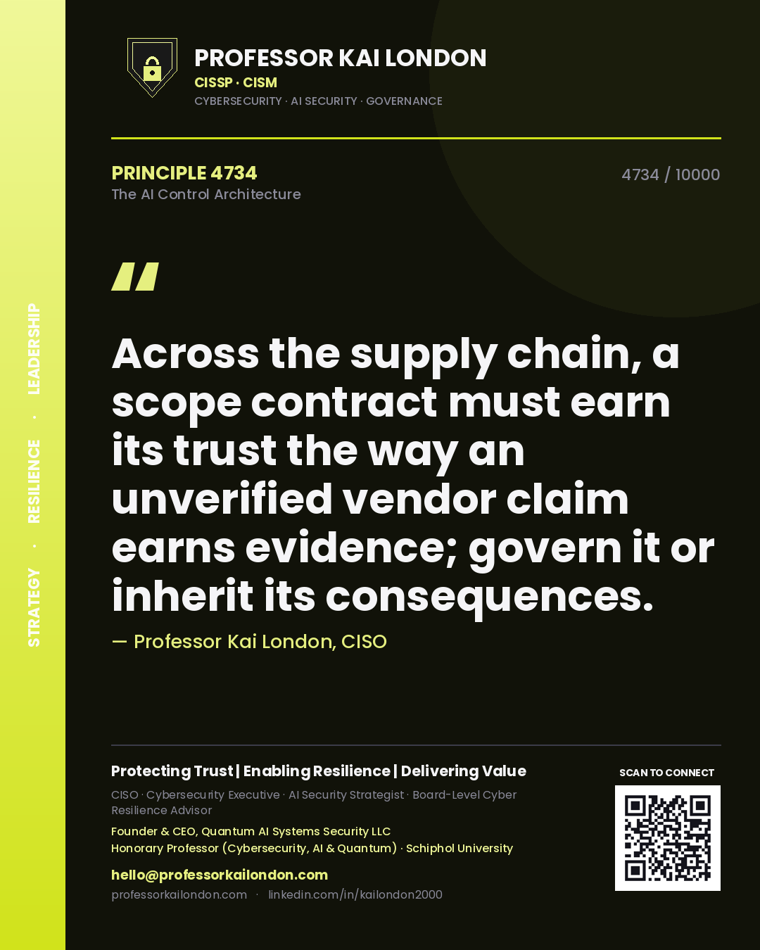 Quote card by Professor Kai London reading 'Across the supply chain, a scope contract must earn its trust the way an unverified vendor claim earns evidence; govern it or inherit its consequences.'. From the book The AI Control Architecture.