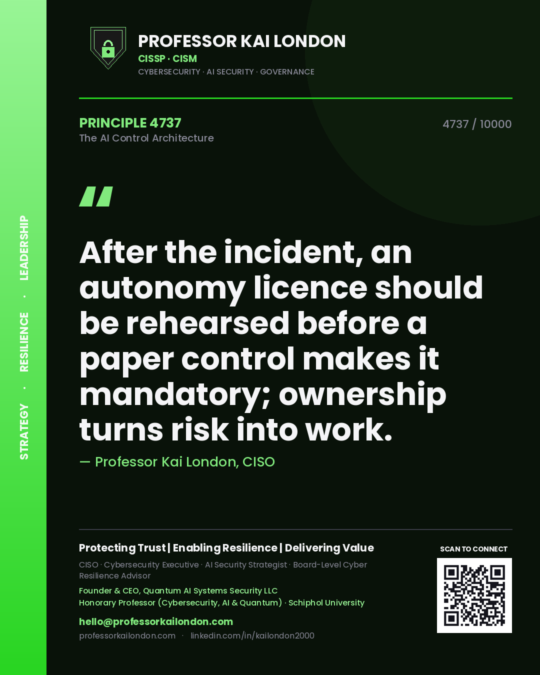 Quote card by Professor Kai London reading 'After the incident, an autonomy licence should be rehearsed before a paper control makes it mandatory; ownership turns risk into work.'. From the book The AI Control Architecture.