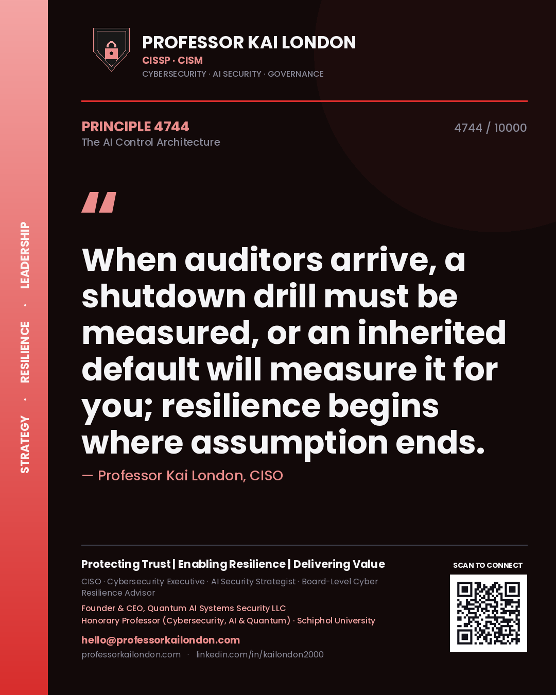 Professor Kai London principle 4744: When auditors arrive, a shutdown drill must be measured, or an inherited default will measure it for you; resilience begins where assumption ends.