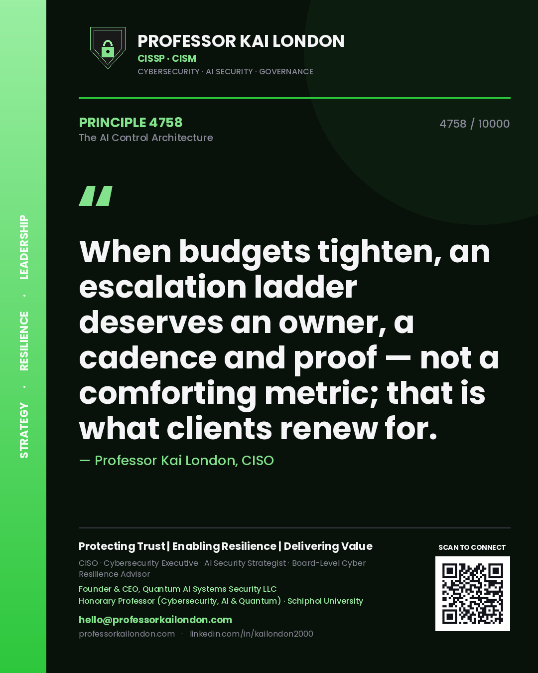 Professor Kai London principle 4758: When budgets tighten, an escalation ladder deserves an owner, a cadence and proof — not a comforting metric; that is what clients renew for.