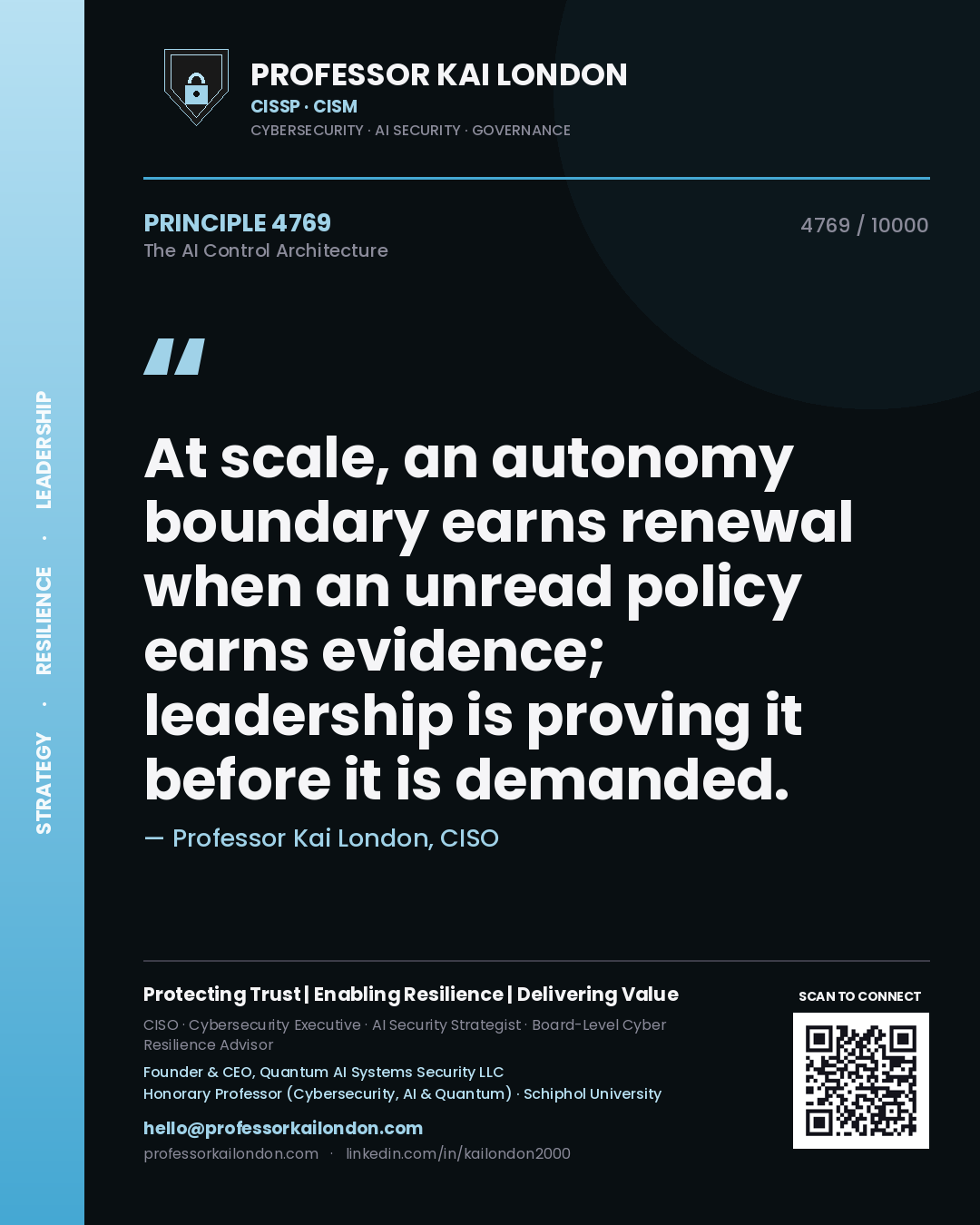 Professor Kai London principle 4769: At scale, an autonomy boundary earns renewal when an unread policy earns evidence; leadership is proving it before it is demanded.