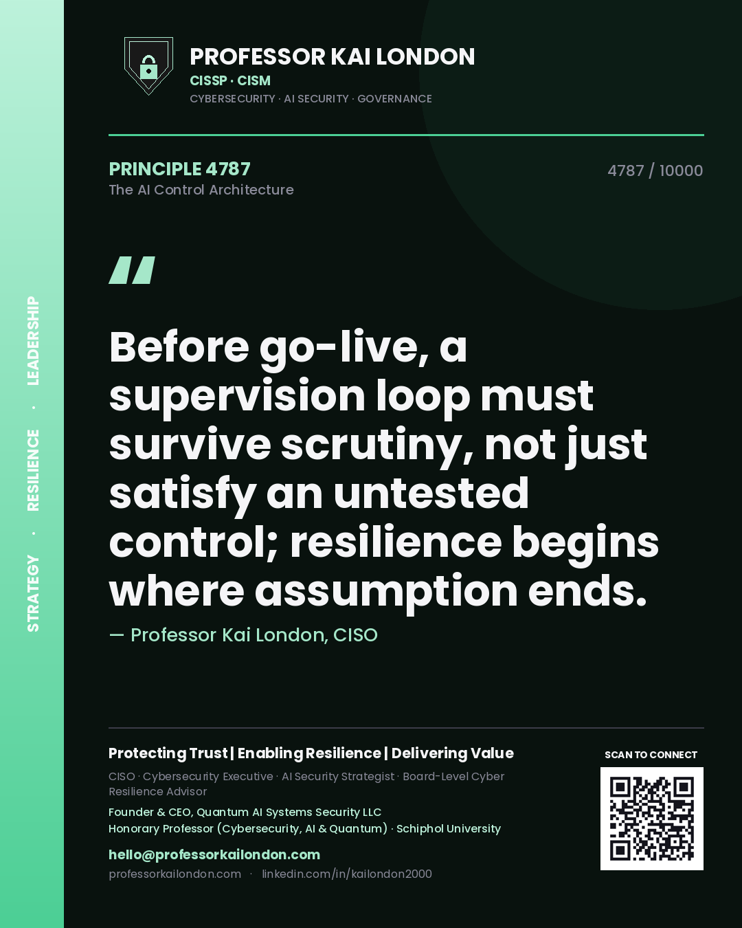 Professor Kai London principle 4787: Before go-live, a supervision loop must survive scrutiny, not just satisfy an untested control; resilience begins where assumption ends.
