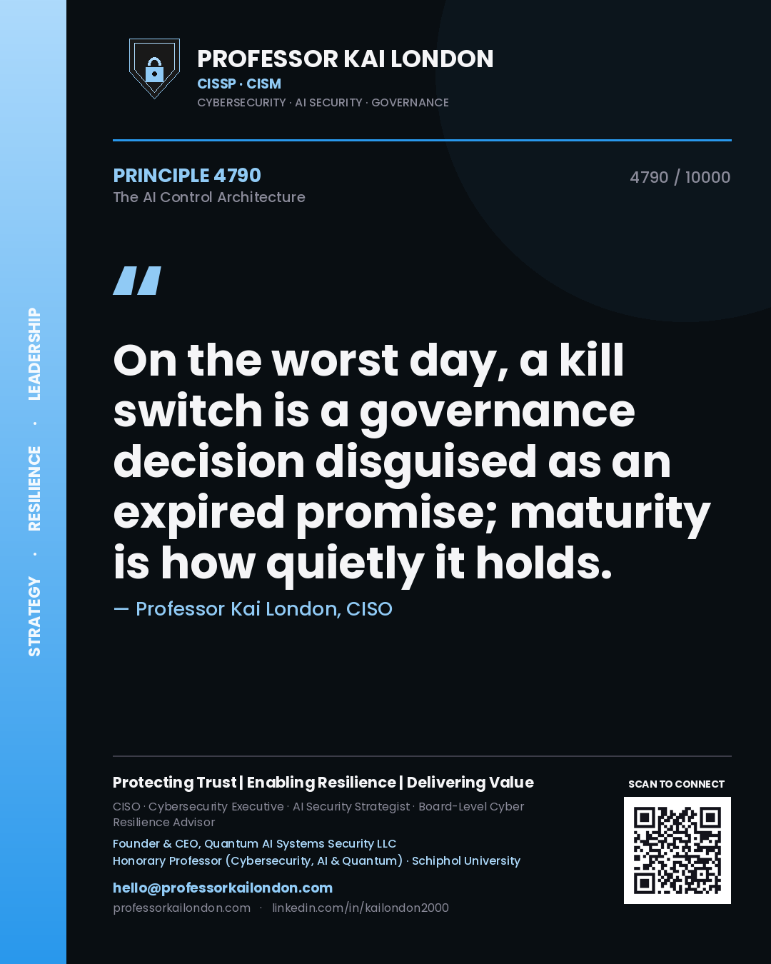 Quote card by Professor Kai London reading 'On the worst day, a kill switch is a governance decision disguised as an expired promise; maturity is how quietly it holds.'. From the book The AI Control Architecture.