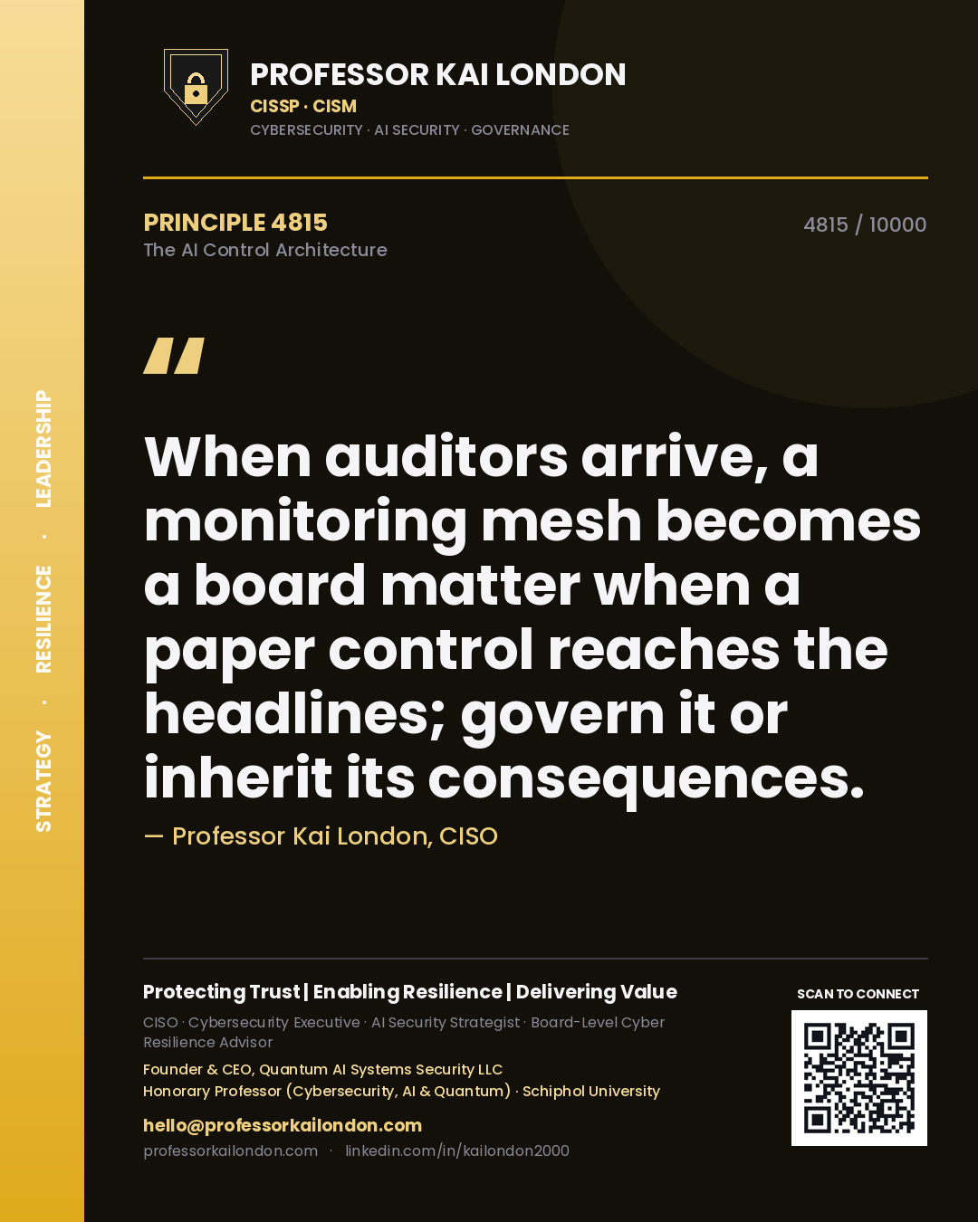 Quote card by Professor Kai London reading 'When auditors arrive, a monitoring mesh becomes a board matter when a paper control reaches the headlines; govern it or inherit its consequences.'. From the book The AI Control Architecture.