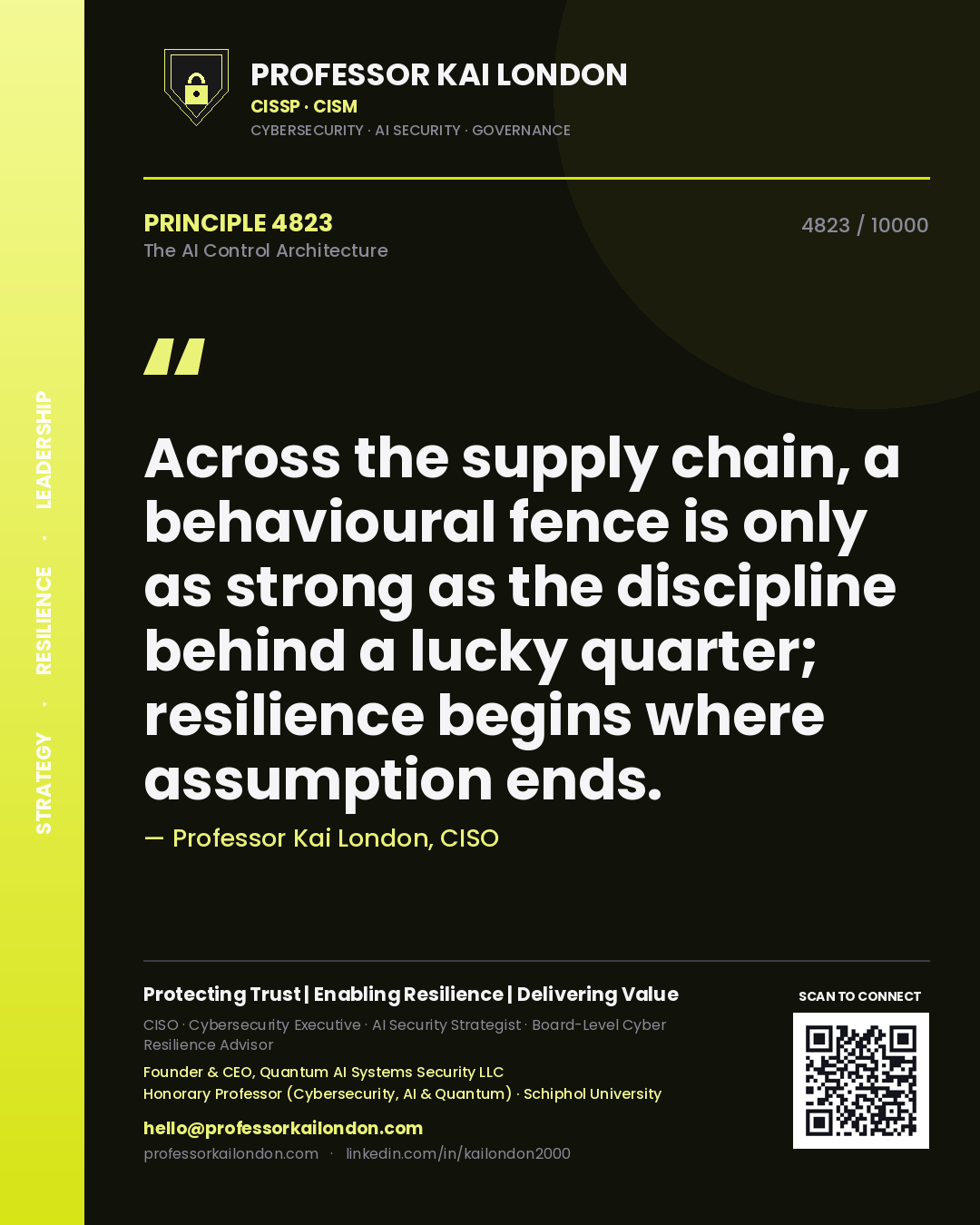 Quote card by Professor Kai London reading 'Across the supply chain, a behavioural fence is only as strong as the discipline behind a lucky quarter; resilience begins where assumption ends.'. From the book The AI Control Architecture.