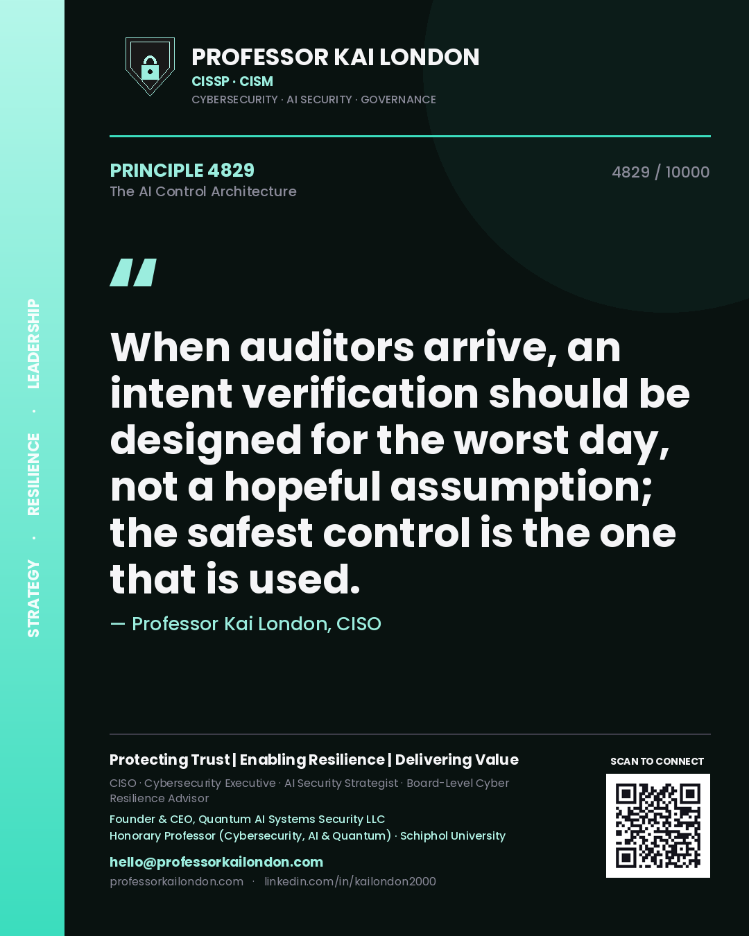 Professor Kai London principle 4829: When auditors arrive, an intent verification should be designed for the worst day, not a hopeful assumption; the safest control is the one that is used.