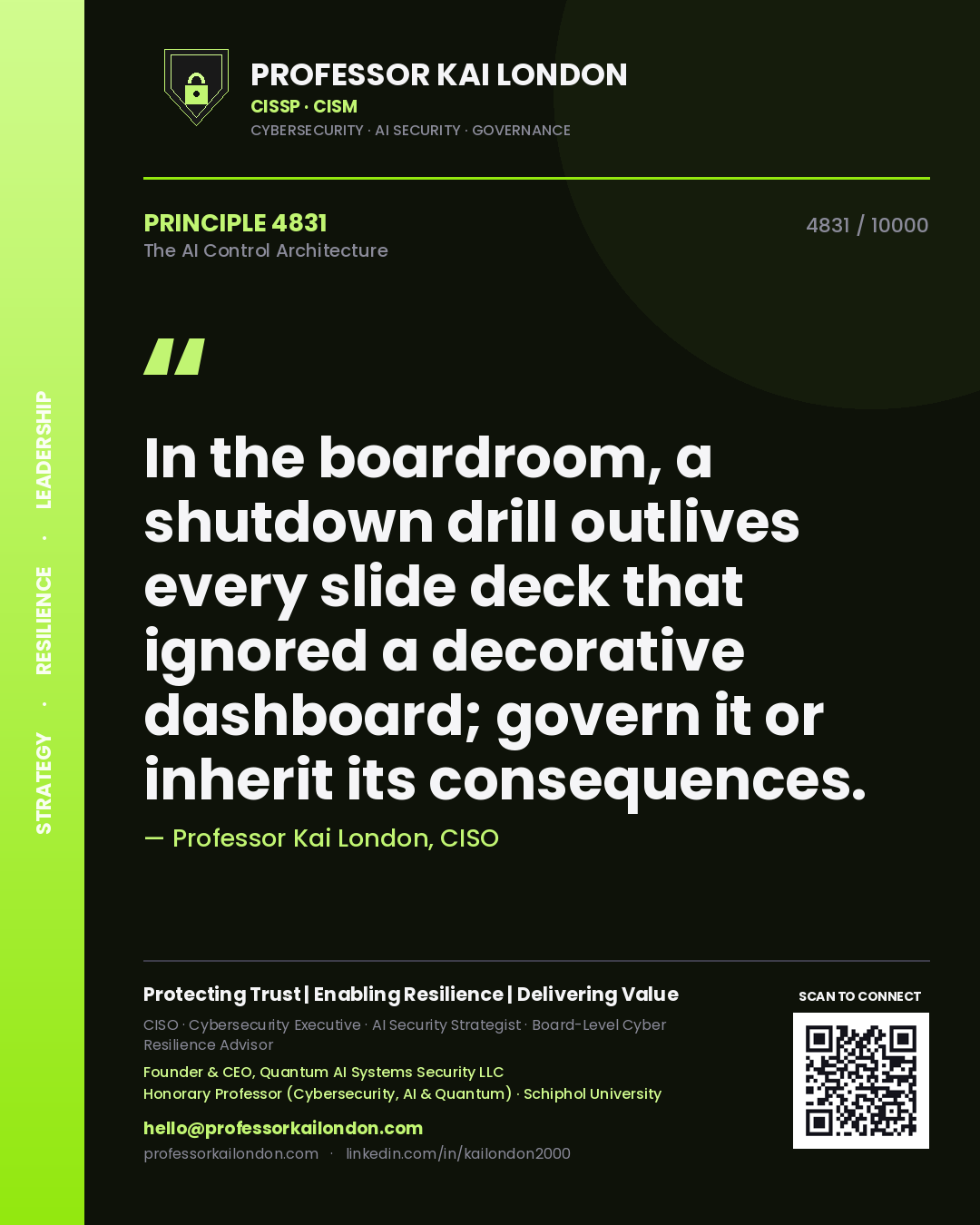 Professor Kai London principle 4831: In the boardroom, a shutdown drill outlives every slide deck that ignored a decorative dashboard; govern it or inherit its consequences.