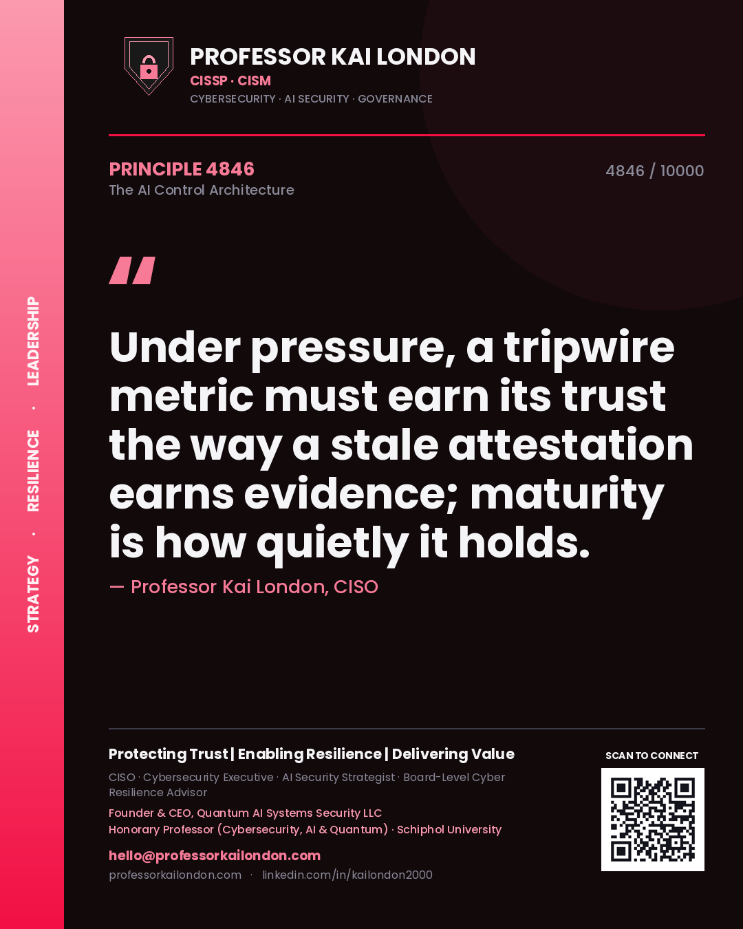 Professor Kai London principle 4846: Under pressure, a tripwire metric must earn its trust the way a stale attestation earns evidence; maturity is how quietly it holds.