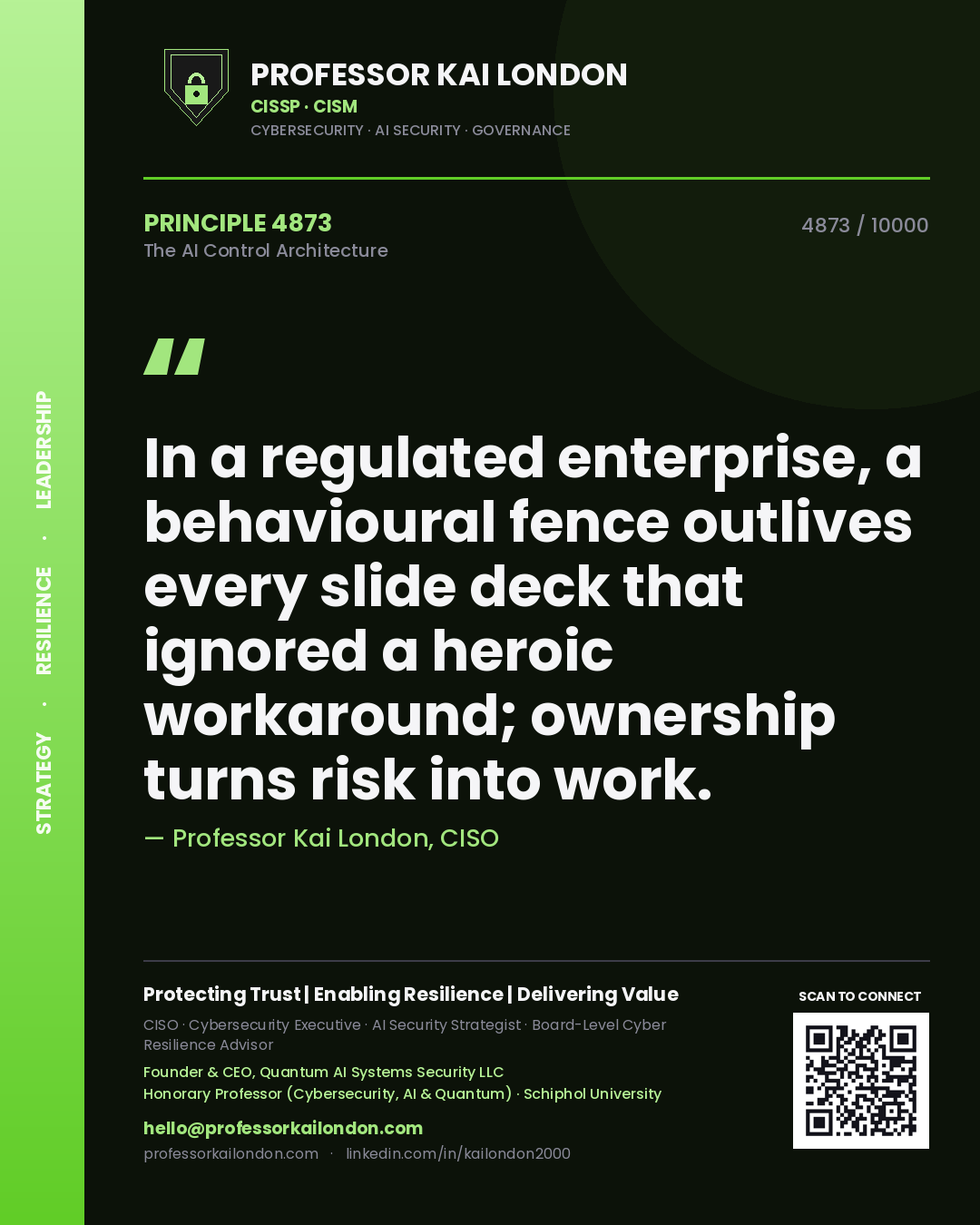Quote card by Professor Kai London reading 'In a regulated enterprise, a behavioural fence outlives every slide deck that ignored a heroic workaround; ownership turns risk into work.'. From the book The AI Control Architecture.