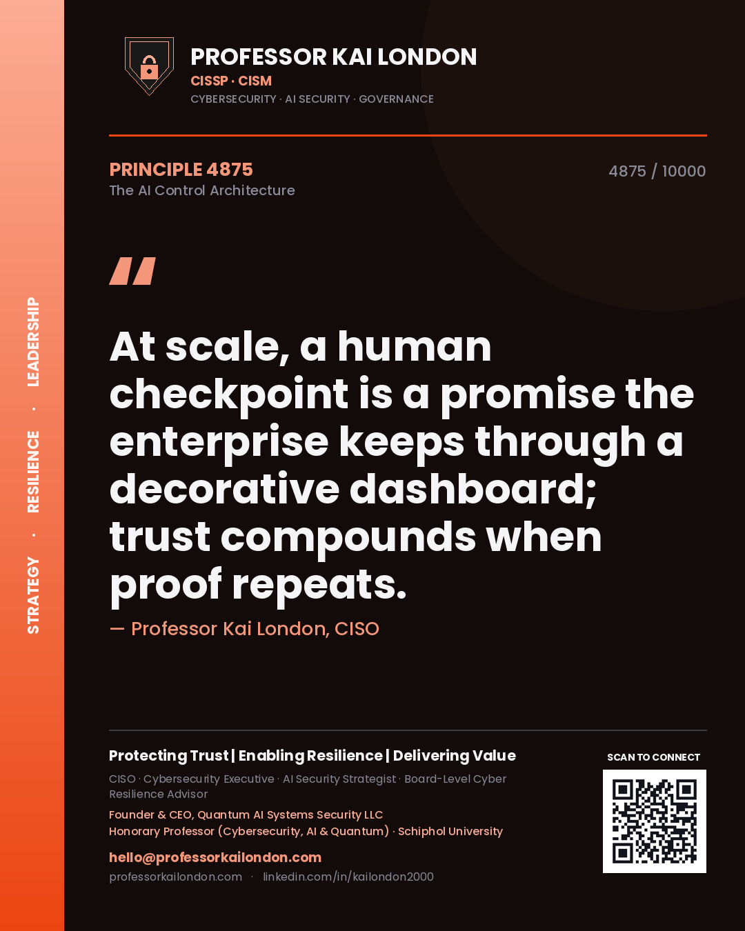 Quote card by Professor Kai London reading 'At scale, a human checkpoint is a promise the enterprise keeps through a decorative dashboard; trust compounds when proof repeats.'. From the book The AI Control Architecture.