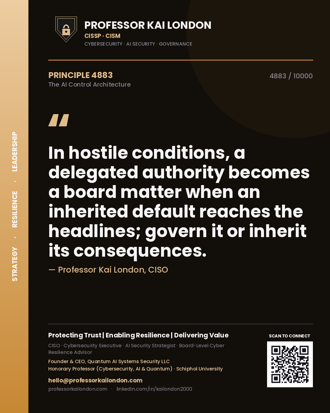 Quote card by Professor Kai London reading 'In hostile conditions, a delegated authority becomes a board matter when an inherited default reaches the headlines; govern it or inherit its consequences.'. From the book The AI Control Architecture.
