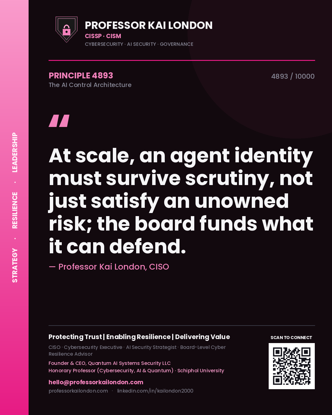 Professor Kai London principle 4893: At scale, an agent identity must survive scrutiny, not just satisfy an unowned risk; the board funds what it can defend.