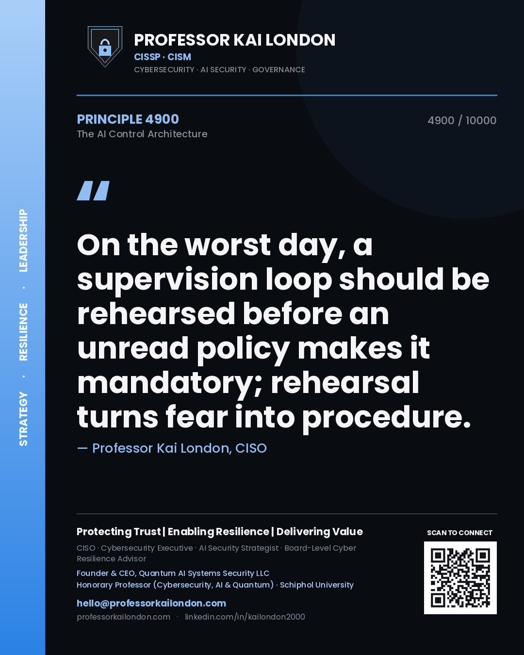 Quote card by Professor Kai London reading 'On the worst day, a supervision loop should be rehearsed before an unread policy makes it mandatory; rehearsal turns fear into procedure.'. From the book The AI Control Architecture.