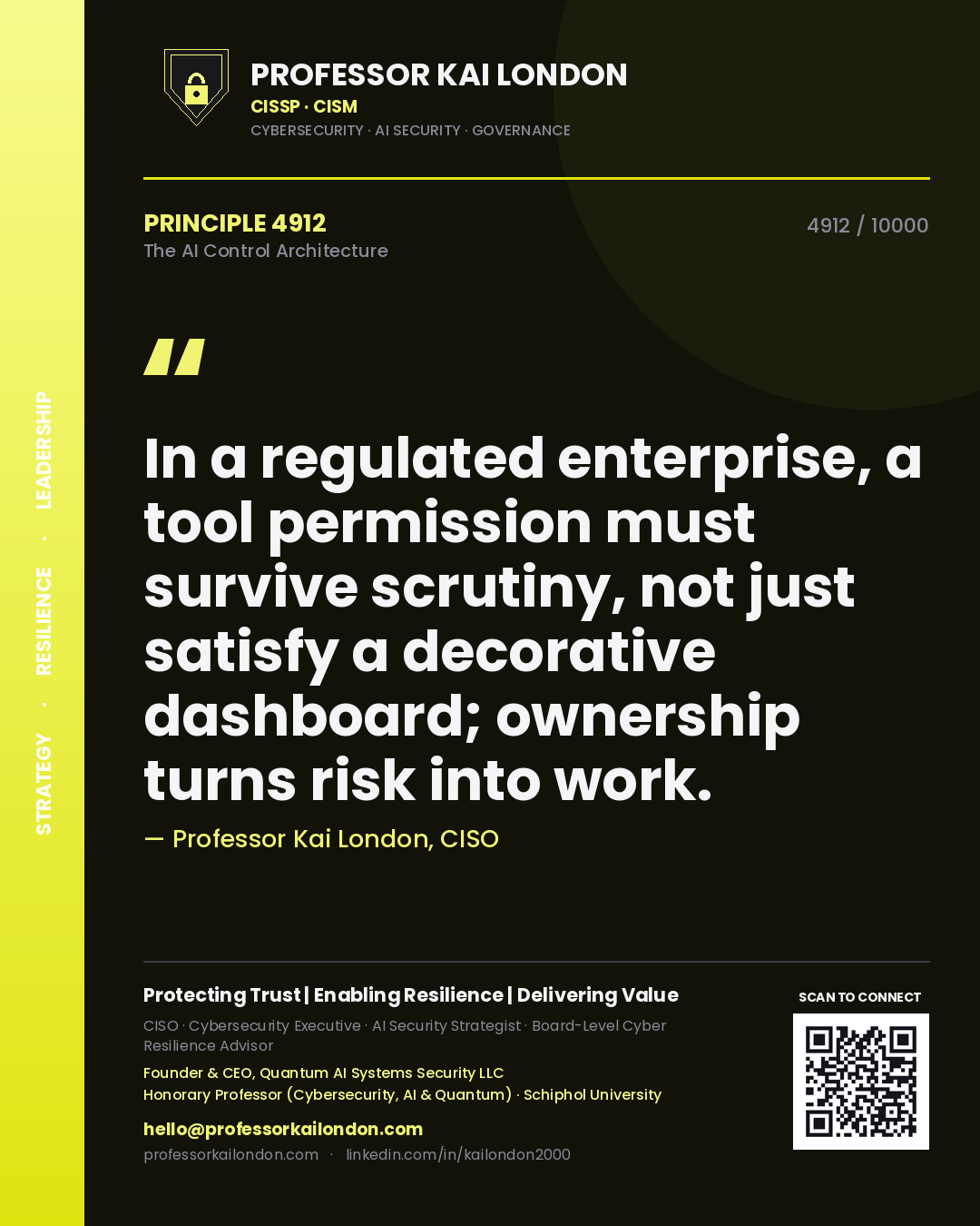 Professor Kai London principle 4912: In a regulated enterprise, a tool permission must survive scrutiny, not just satisfy a decorative dashboard; ownership turns risk into work.