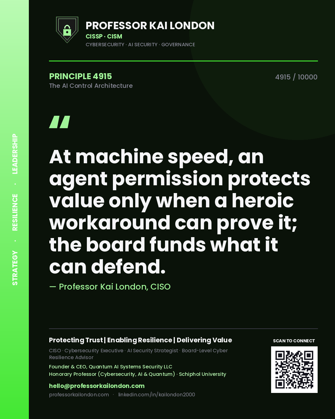 Professor Kai London principle 4915: At machine speed, an agent permission protects value only when a heroic workaround can prove it; the board funds what it can defend.