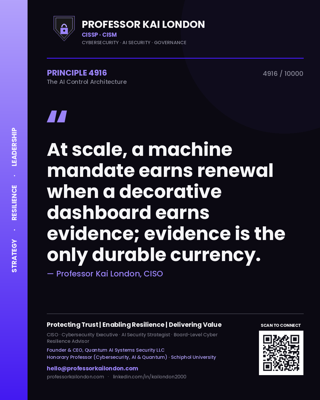 Quote card by Professor Kai London reading 'At scale, a machine mandate earns renewal when a decorative dashboard earns evidence; evidence is the only durable currency.'. From the book The AI Control Architecture.