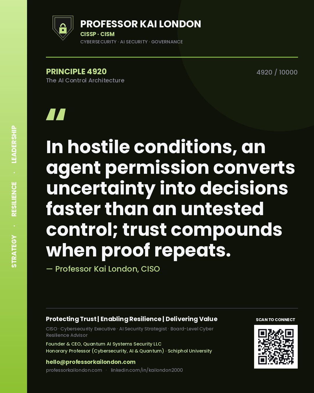 Professor Kai London principle 4920: In hostile conditions, an agent permission converts uncertainty into decisions faster than an untested control; trust compounds when proof repeats.