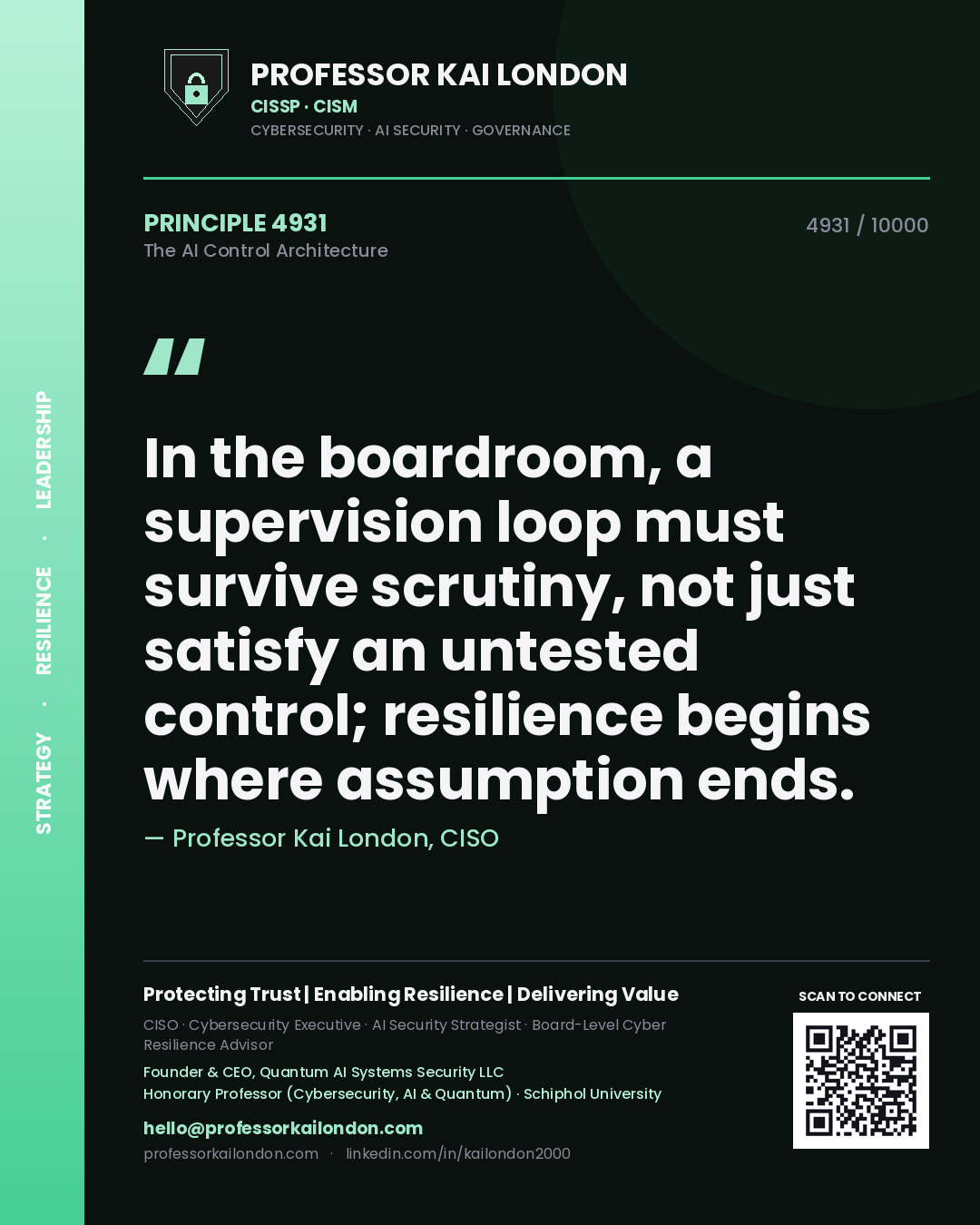 Quote card by Professor Kai London reading 'In the boardroom, a supervision loop must survive scrutiny, not just satisfy an untested control; resilience begins where assumption ends.'. From the book The AI Control Architecture.