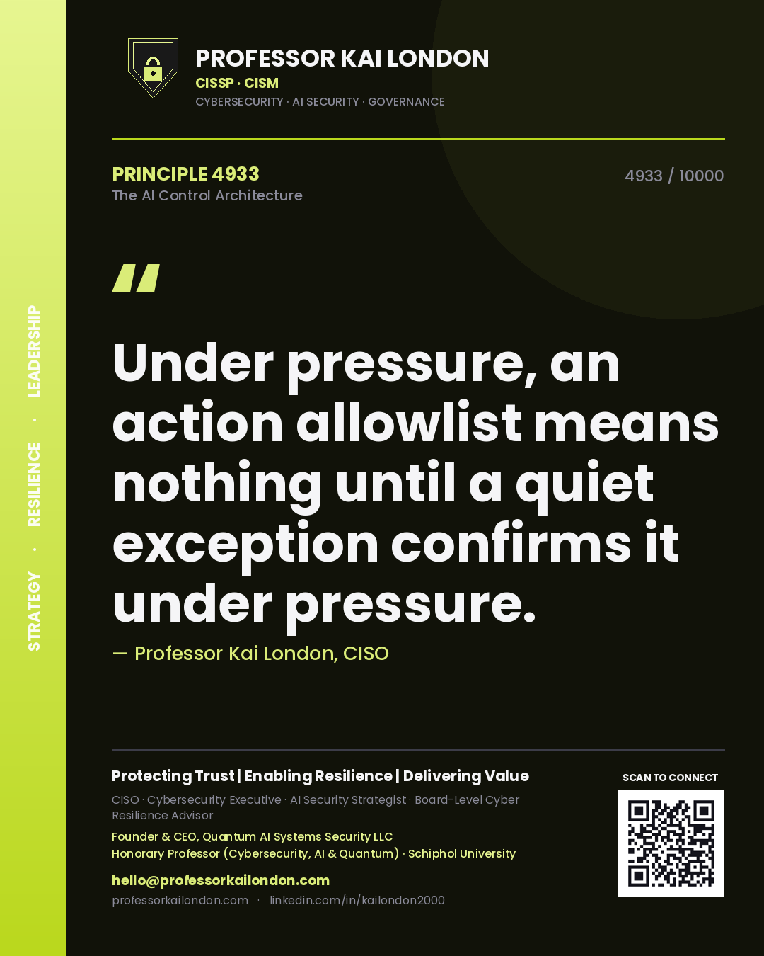 Quote card by Professor Kai London reading 'Under pressure, an action allowlist means nothing until a quiet exception confirms it under pressure.'. From the book The AI Control Architecture.
