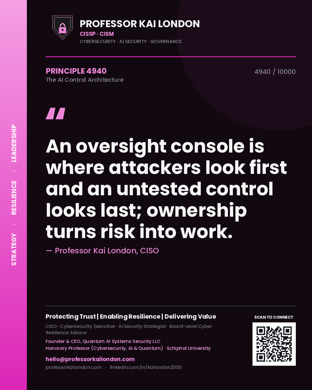 Professor Kai London principle 4940: An oversight console is where attackers look first and an untested control looks last; ownership turns risk into work.