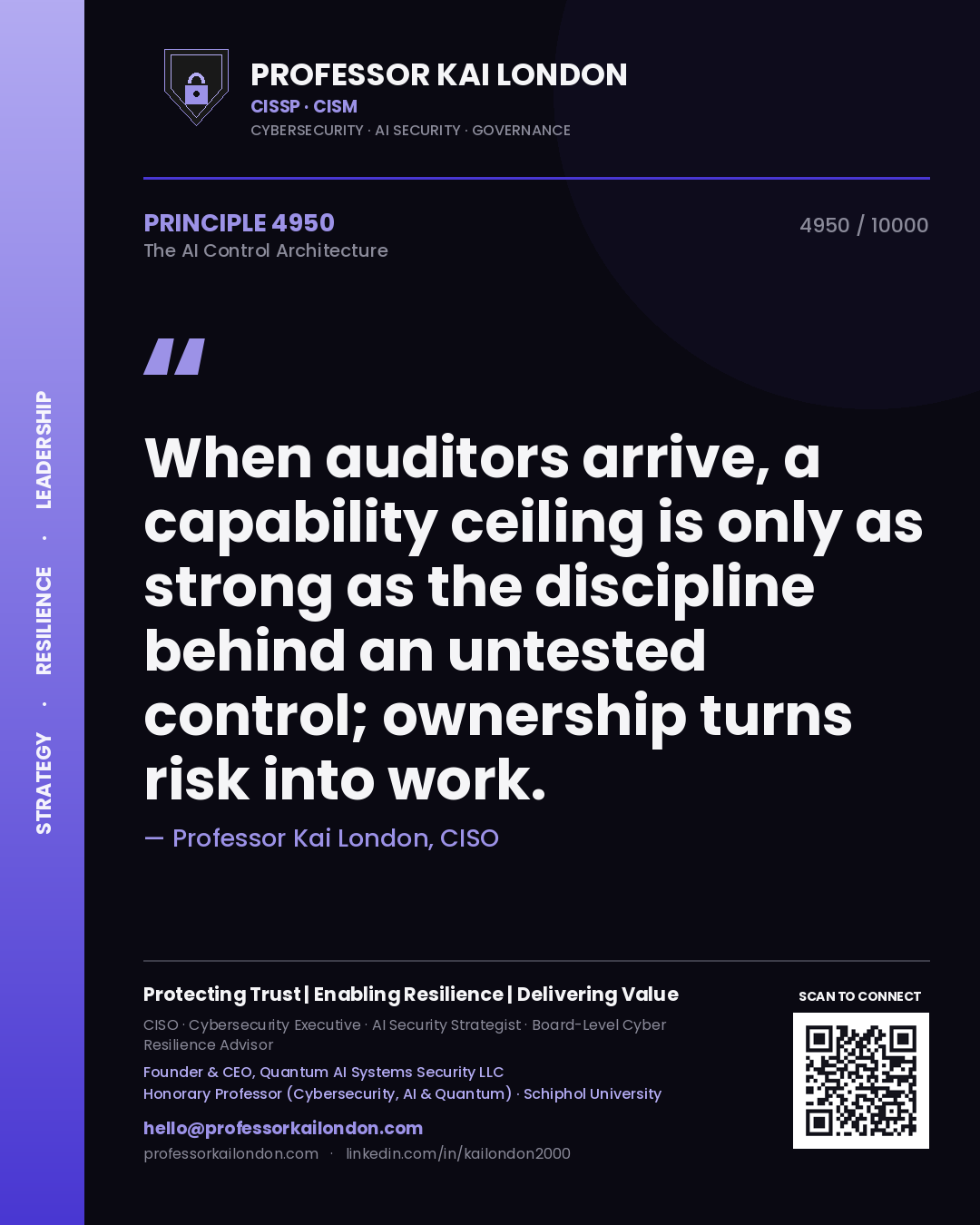 Quote card by Professor Kai London reading 'When auditors arrive, a capability ceiling is only as strong as the discipline behind an untested control; ownership turns risk into work.'. From the book The AI Control Architecture.