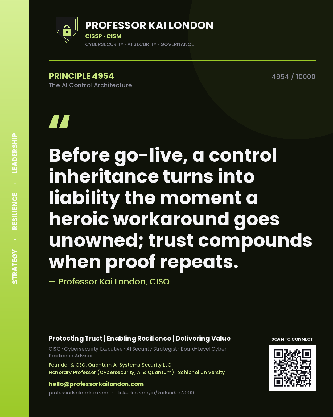 Quote card by Professor Kai London reading 'Before go-live, a control inheritance turns into liability the moment a heroic workaround goes unowned; trust compounds when proof repeats.'. From the book The AI Control Architecture.