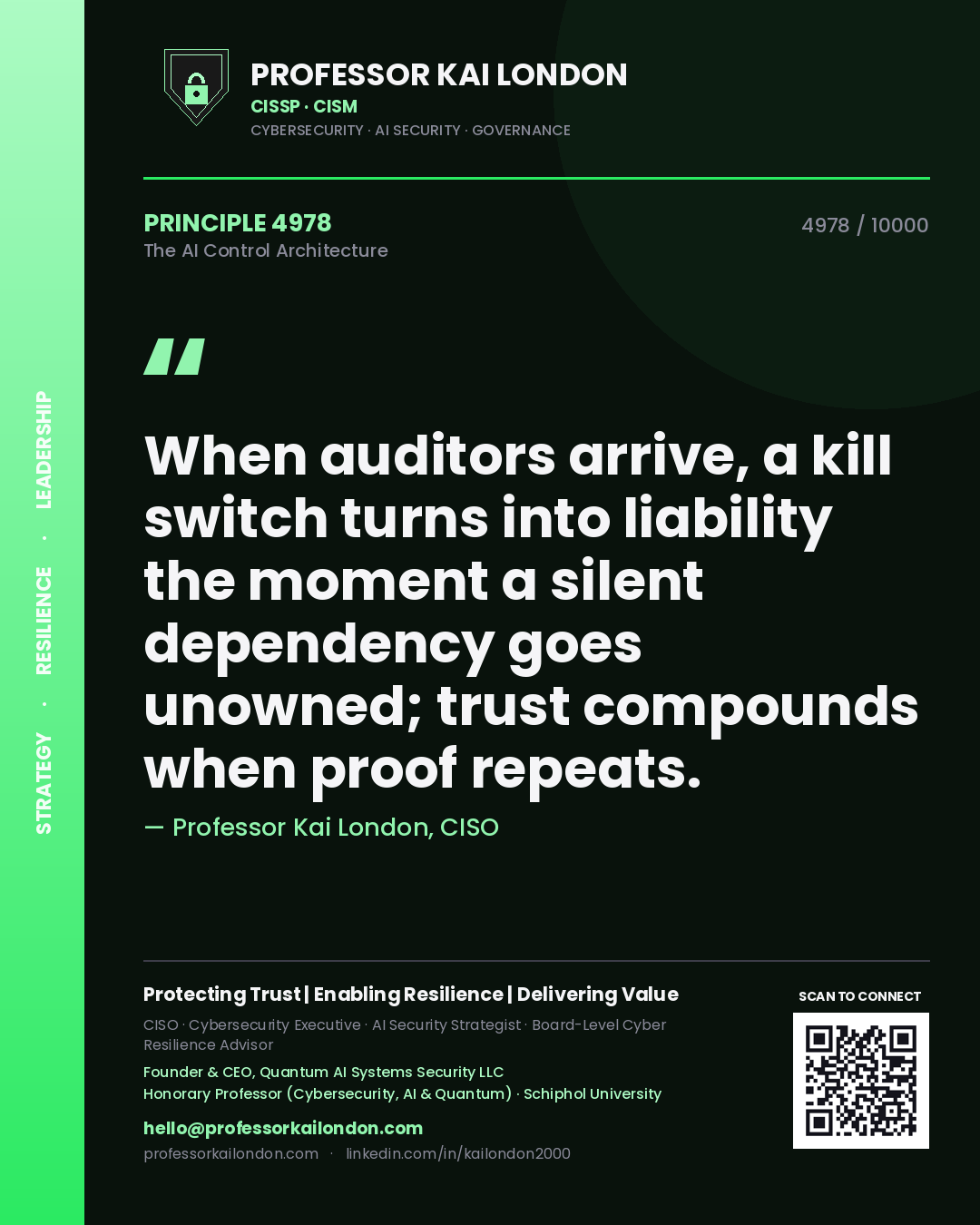 Quote card by Professor Kai London reading 'When auditors arrive, a kill switch turns into liability the moment a silent dependency goes unowned; trust compounds when proof repeats.'. From the book The AI Control Architecture.