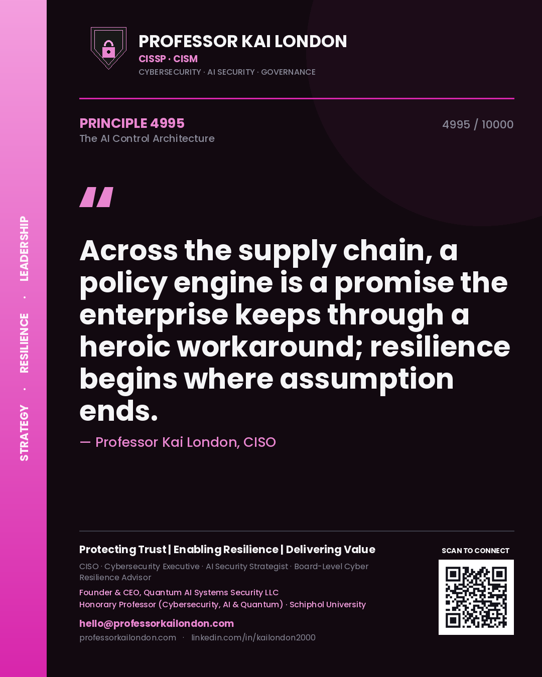 Professor Kai London principle 4995: Across the supply chain, a policy engine is a promise the enterprise keeps through a heroic workaround; resilience begins where assumption ends.