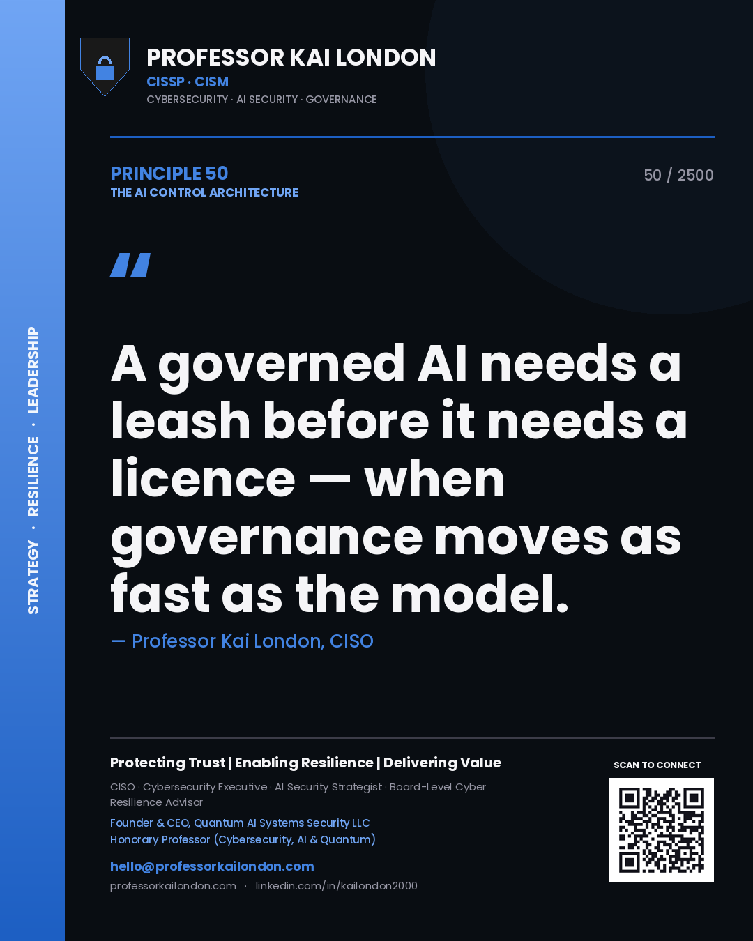 Quote card by Professor Kai London reading 'A governed AI needs a leash before it needs a licence — when governance moves as fast as the model.'. From the book The AI Control Architecture.