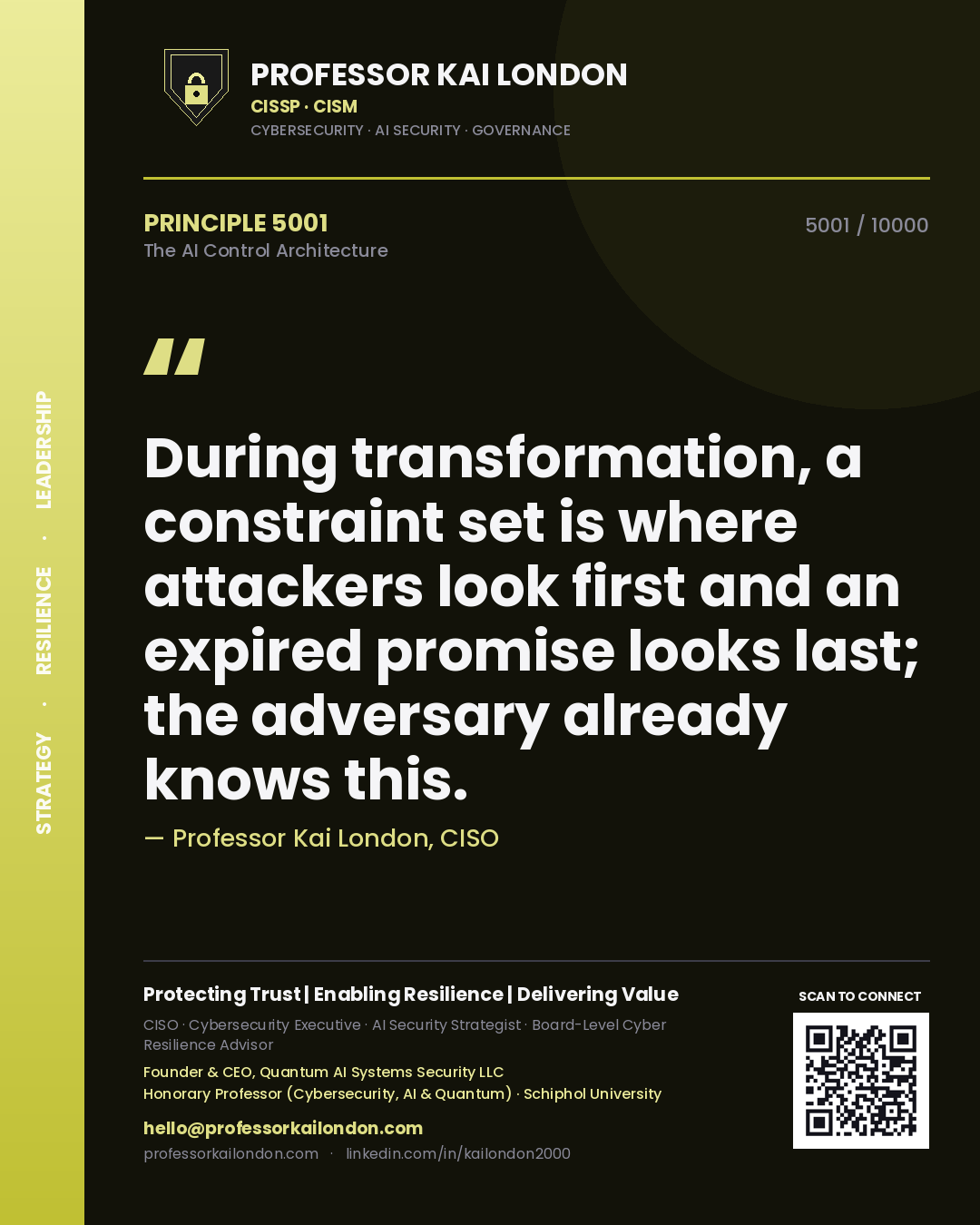 Professor Kai London principle 5001: During transformation, a constraint set is where attackers look first and an expired promise looks last; the adversary already knows this.