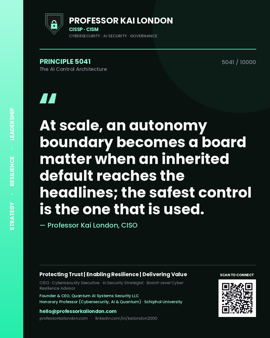 Professor Kai London principle 5041: At scale, an autonomy boundary becomes a board matter when an inherited default reaches the headlines; the safest control is the one that is used.