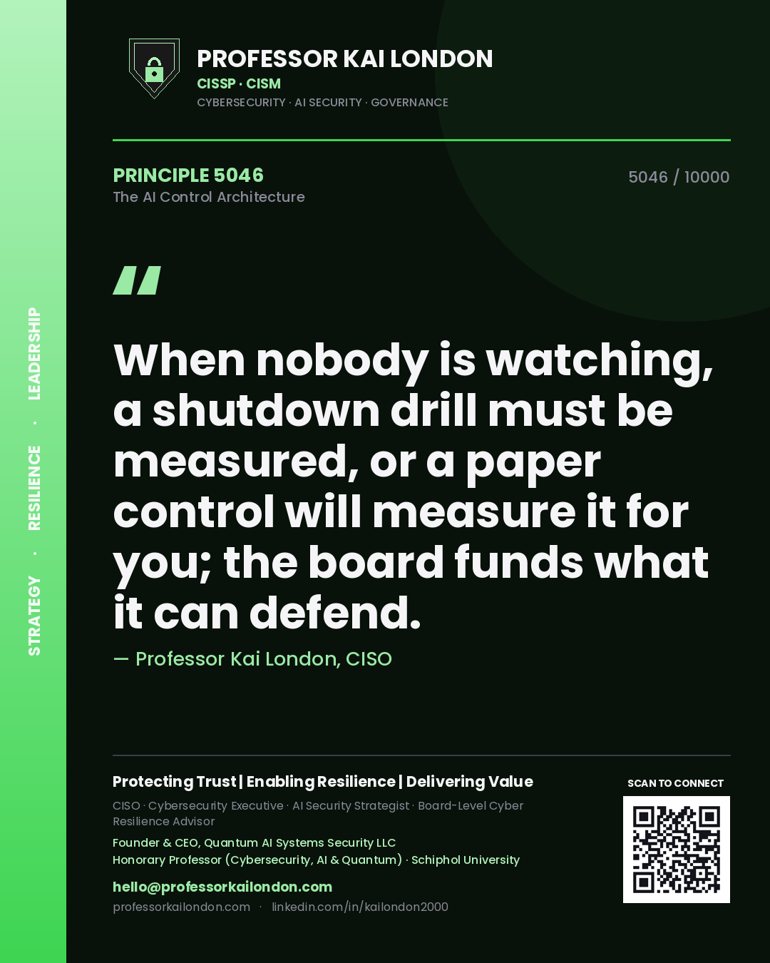 Quote card by Professor Kai London reading 'When nobody is watching, a shutdown drill must be measured, or a paper control will measure it for you; the board funds what it can defend.'. From the book The AI Control Architecture.