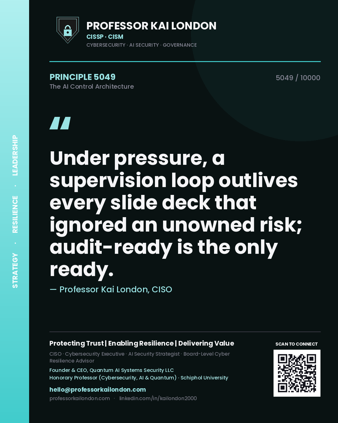 Professor Kai London principle 5049: Under pressure, a supervision loop outlives every slide deck that ignored an unowned risk; audit-ready is the only ready.