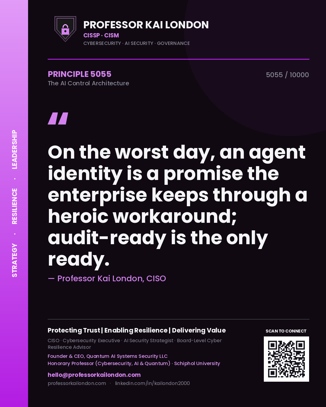 Professor Kai London principle 5055: On the worst day, an agent identity is a promise the enterprise keeps through a heroic workaround; audit-ready is the only ready.