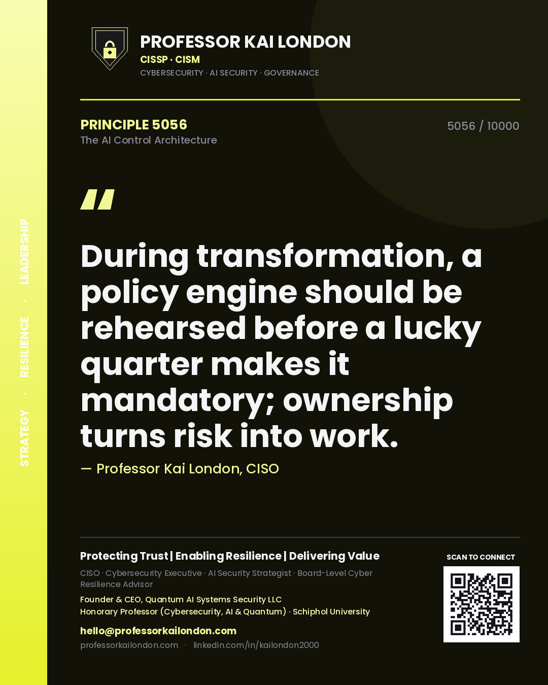 Professor Kai London principle 5056: During transformation, a policy engine should be rehearsed before a lucky quarter makes it mandatory; ownership turns risk into work.