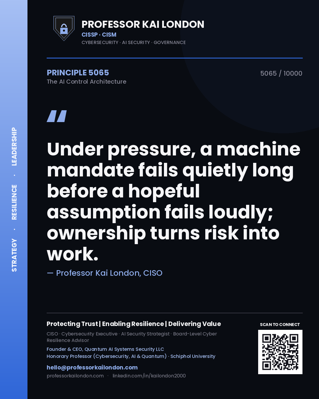 Professor Kai London principle 5065: Under pressure, a machine mandate fails quietly long before a hopeful assumption fails loudly; ownership turns risk into work.