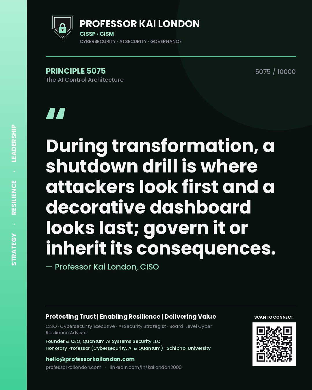 Quote card by Professor Kai London reading 'During transformation, a shutdown drill is where attackers look first and a decorative dashboard looks last; govern it or inherit its consequences.'. From the book The AI Control Architecture.