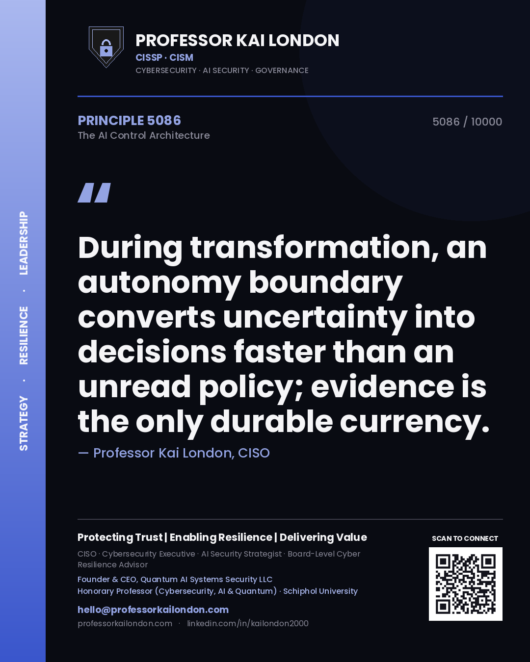 Professor Kai London principle 5086: During transformation, an autonomy boundary converts uncertainty into decisions faster than an unread policy; evidence is the only durable currency.