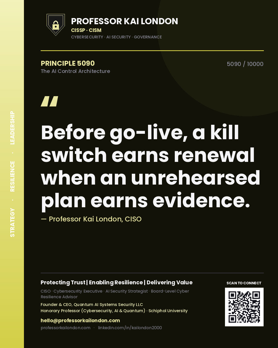 Quote card by Professor Kai London reading 'Before go-live, a kill switch earns renewal when an unrehearsed plan earns evidence.'. From the book The AI Control Architecture.