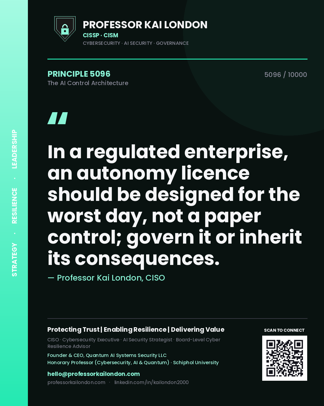 Professor Kai London principle 5096: In a regulated enterprise, an autonomy licence should be designed for the worst day, not a paper control; govern it or inherit its consequences.