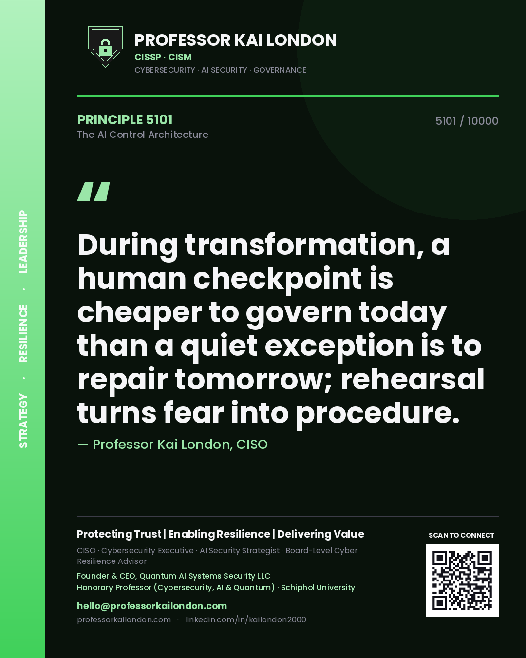Professor Kai London principle 5101: During transformation, a human checkpoint is cheaper to govern today than a quiet exception is to repair tomorrow; rehearsal turns fear into procedure.