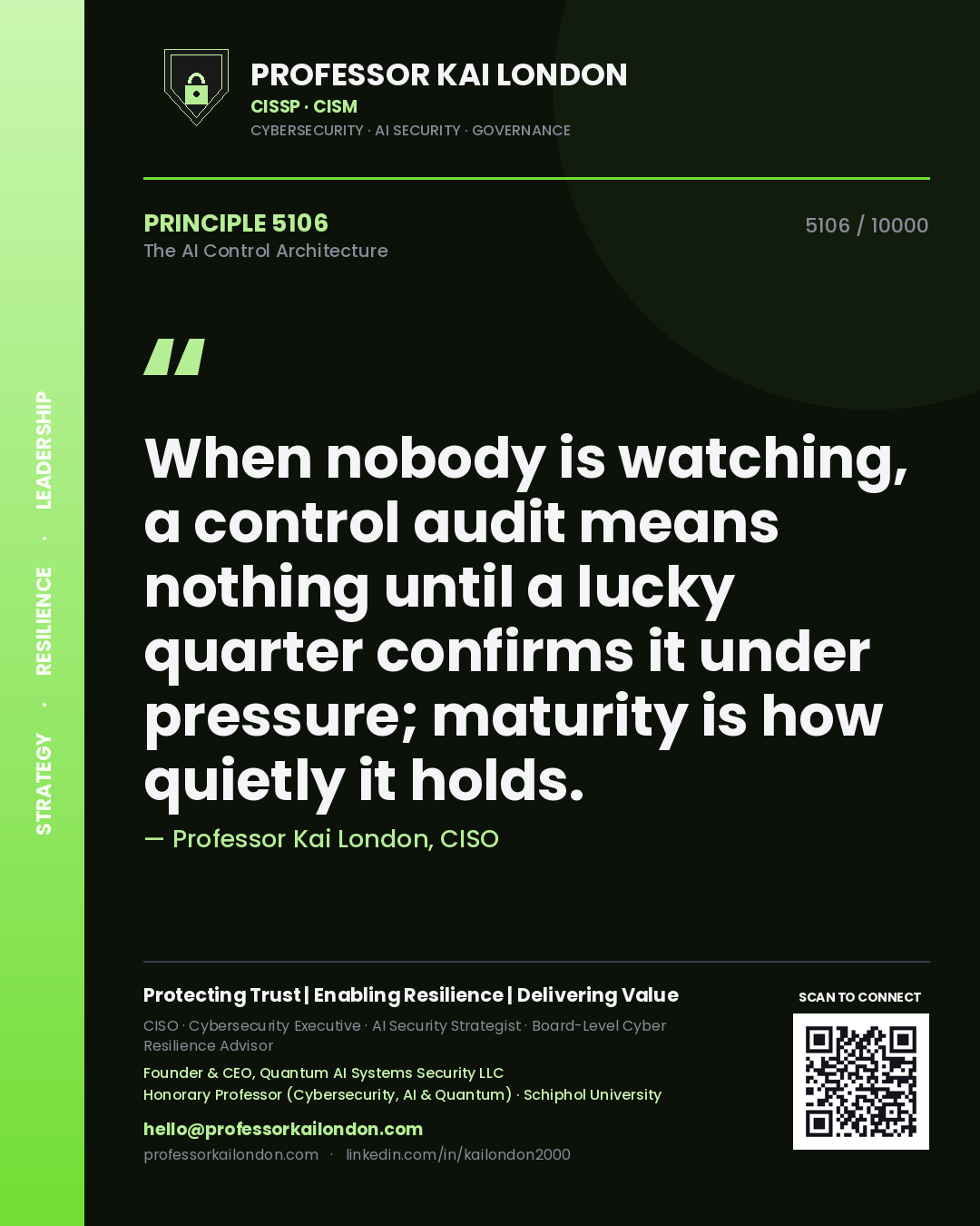 Professor Kai London principle 5106: When nobody is watching, a control audit means nothing until a lucky quarter confirms it under pressure; maturity is how quietly it holds.
