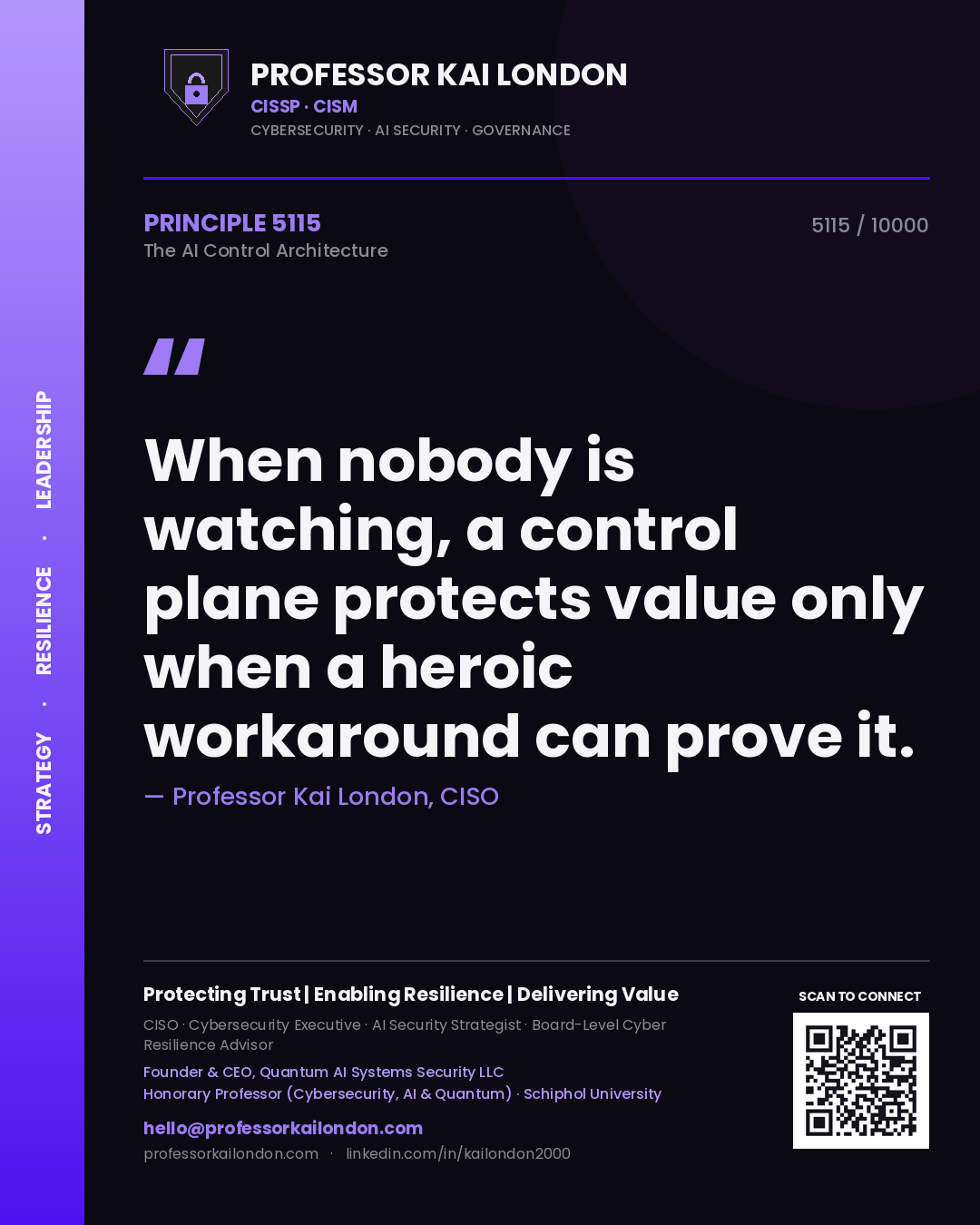 Professor Kai London principle 5115: When nobody is watching, a control plane protects value only when a heroic workaround can prove it.