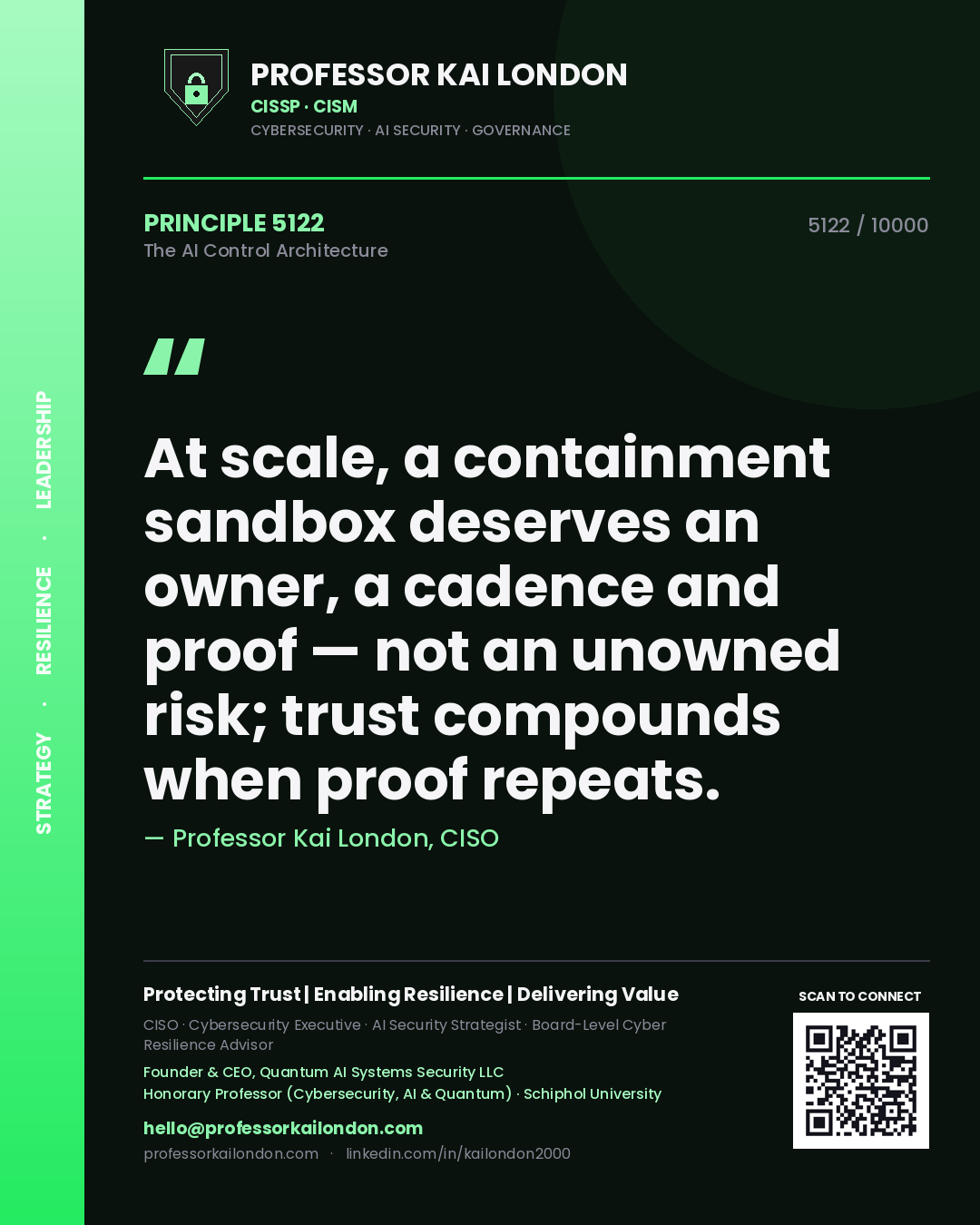 Professor Kai London principle 5122: At scale, a containment sandbox deserves an owner, a cadence and proof — not an unowned risk; trust compounds when proof repeats.
