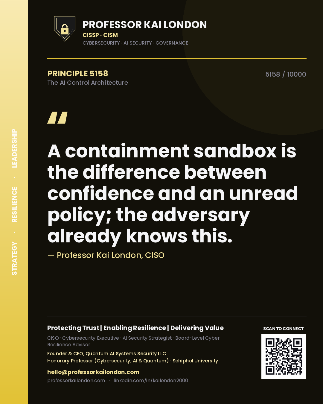 Professor Kai London principle 5158: A containment sandbox is the difference between confidence and an unread policy; the adversary already knows this.