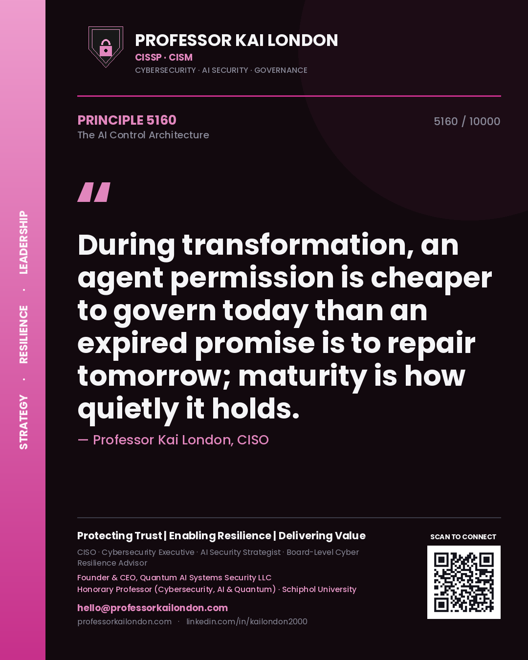 Professor Kai London principle 5160: During transformation, an agent permission is cheaper to govern today than an expired promise is to repair tomorrow; maturity is how quietly it holds.